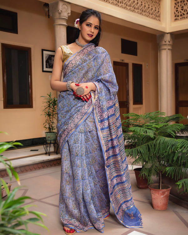 Alex Chanderi Hand Block Printed Saree with Blouse