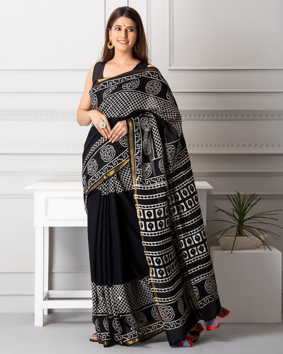 Alyssa Handblock Mul-mul Saree with Blouse