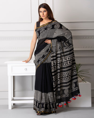 Alyssa Handblock Mul-mul Saree with Blouse