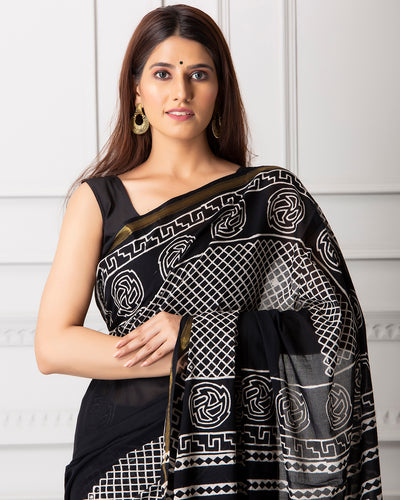 Alyssa Handblock Mul-mul Saree with Blouse