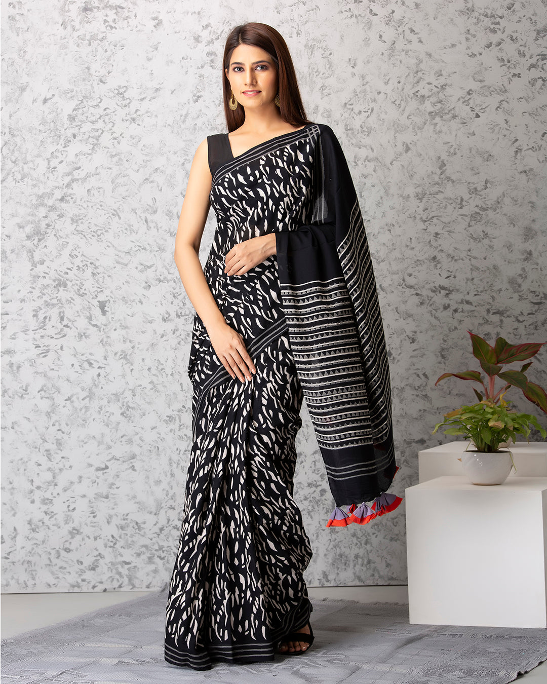 Amelia Handblock Mul-mul Saree with Blouse