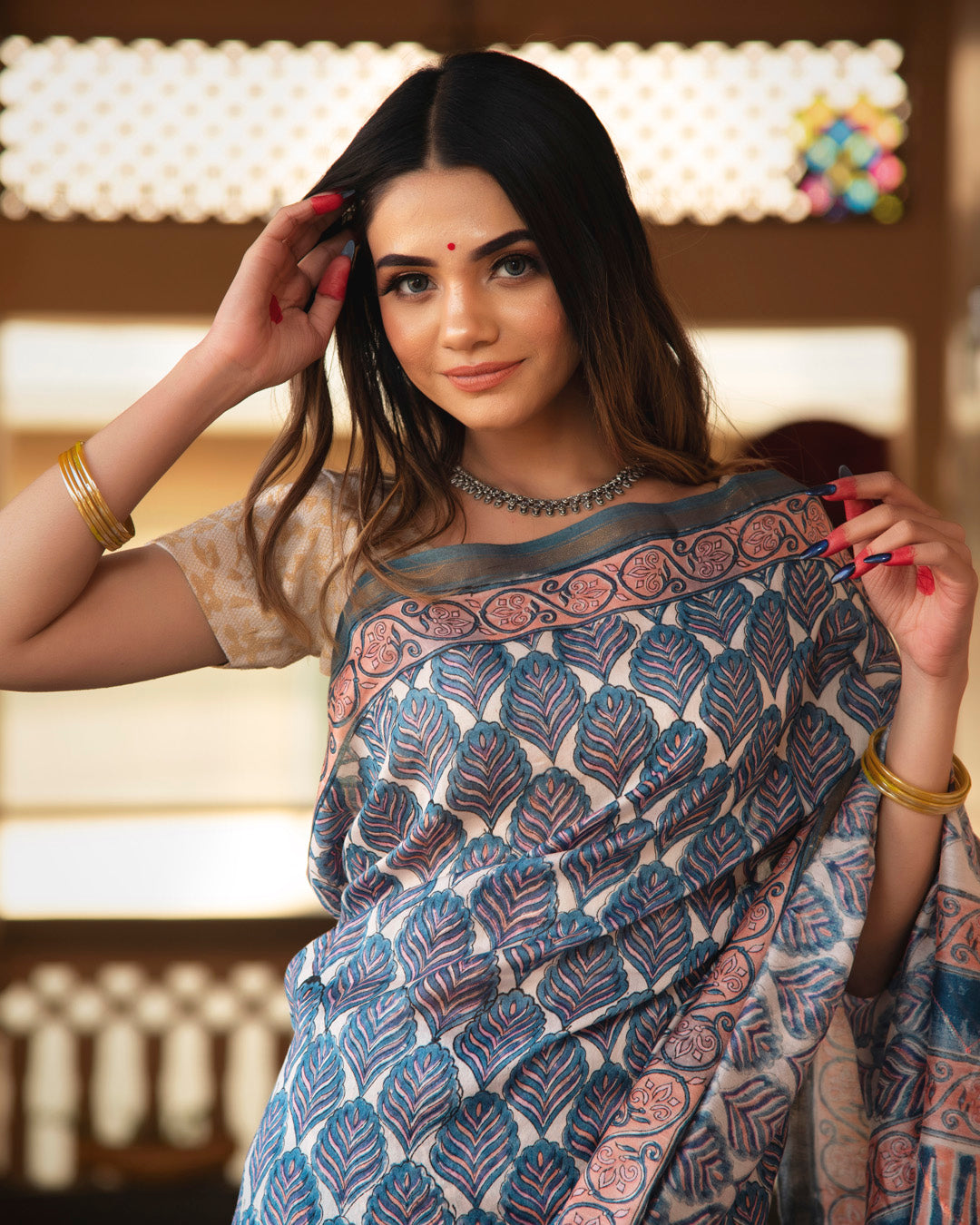 Bitsy Chanderi Hand Block Printed Saree with Blouse