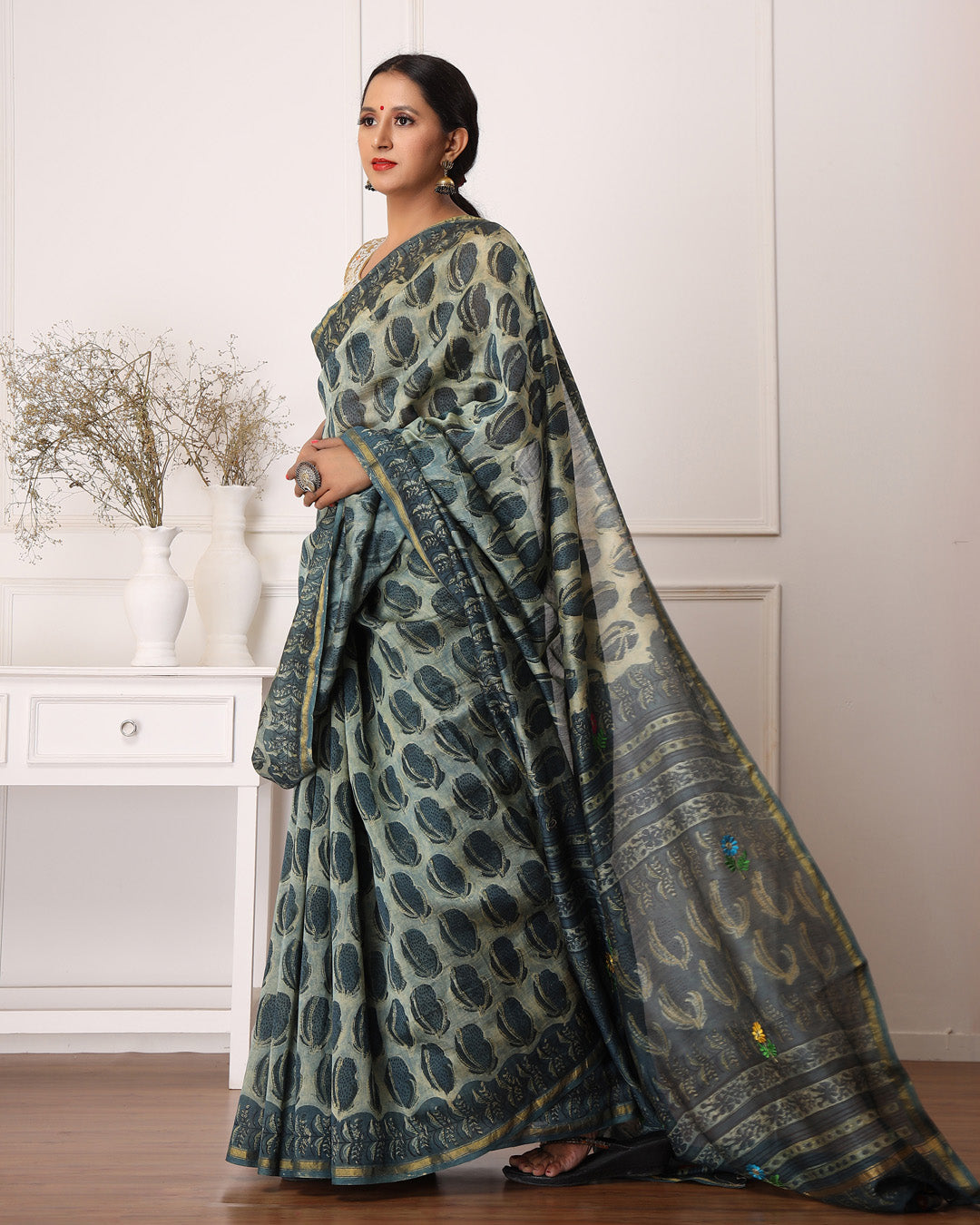 Bizzy Bagru Hand Block Printed Chanderi Saree with Blouse