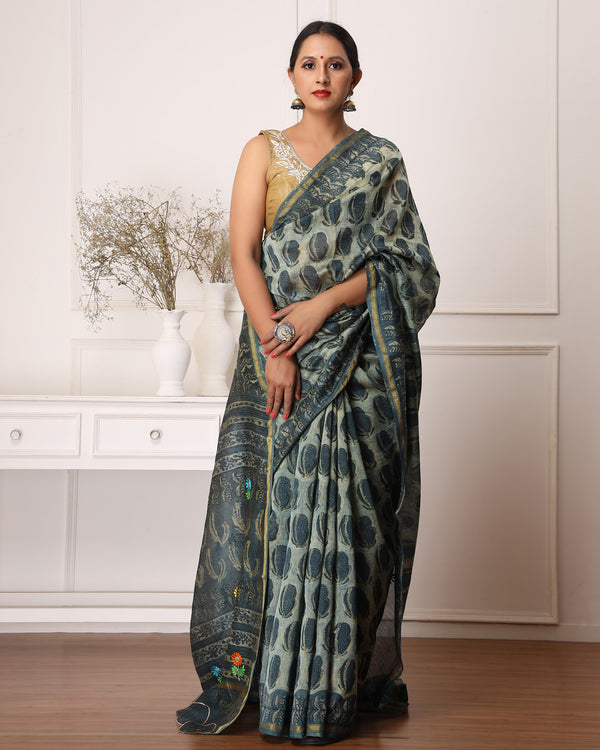 Bizzy Bagru Hand Block Printed Chanderi Saree with Blouse