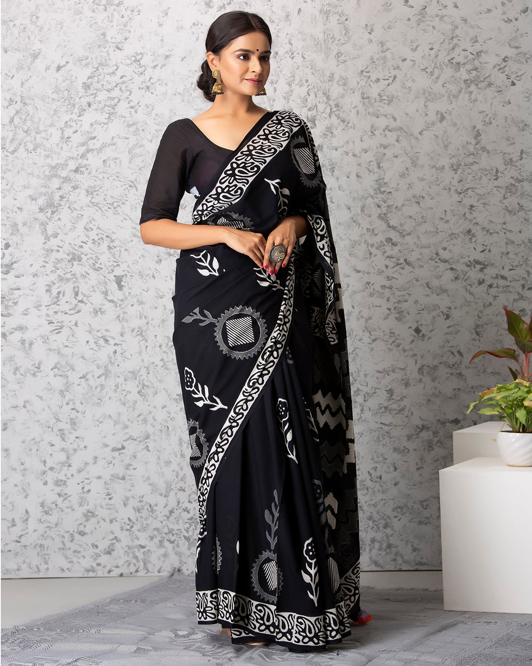 Camila Handblock Mul-mul Saree with Blouse