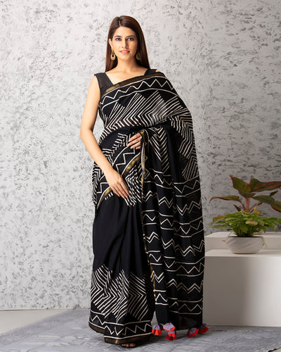 Daisy Handblock Mul-mul Saree with Blouse