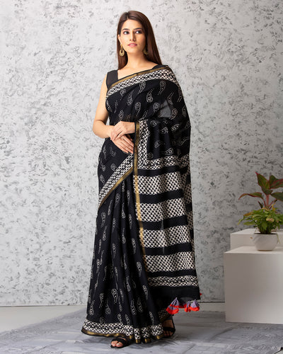 Diana Handblock Mul-mul Saree with Blouse