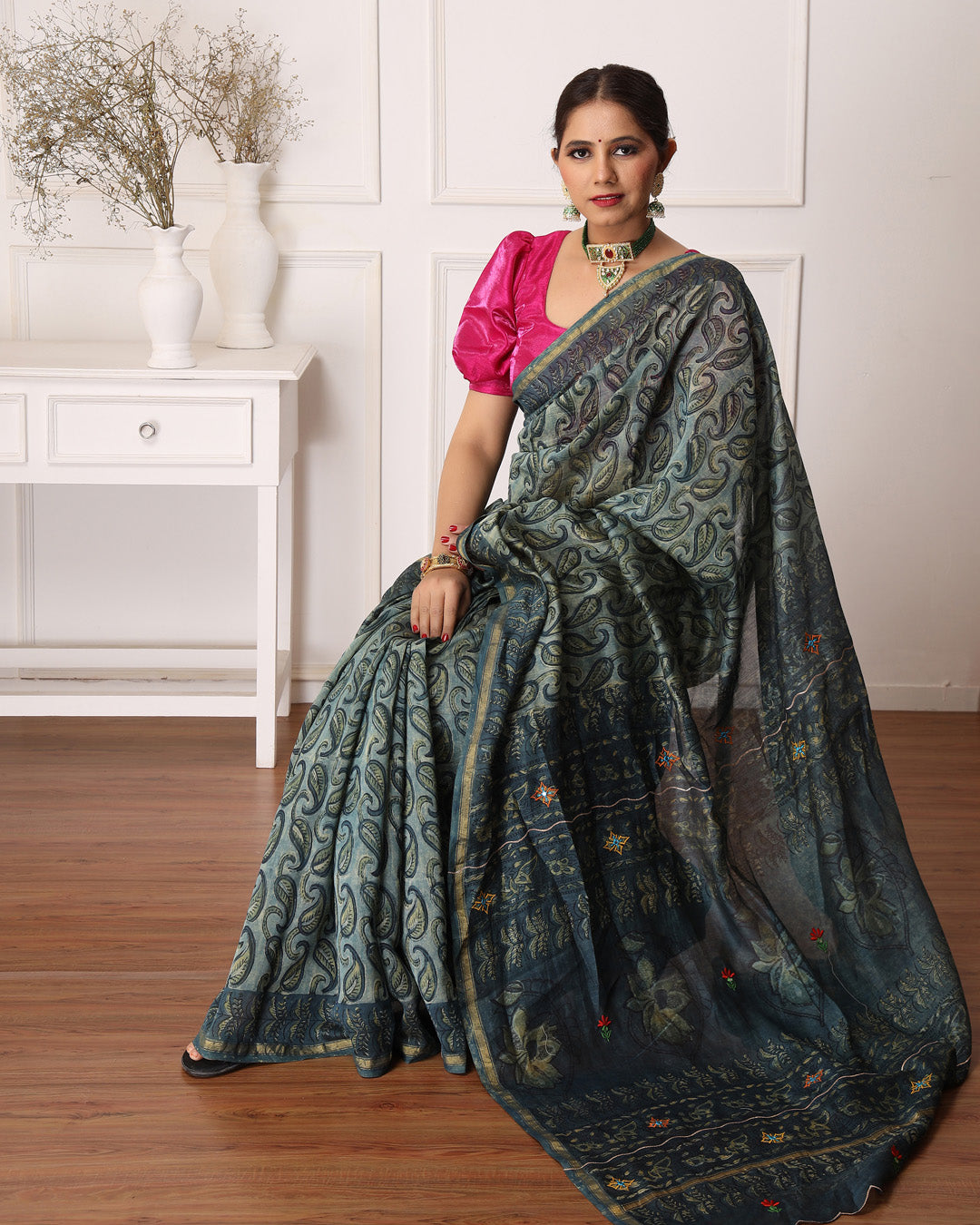 Dolly Bagru Hand Block Printed Chanderi Saree with Blouse