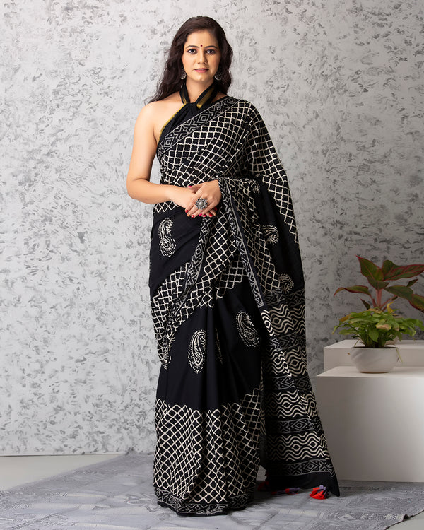 Eliza Handblock Mul-mul Saree with Blouse