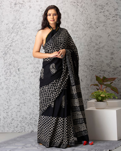 Eliza Handblock Mul-mul Saree with Blouse