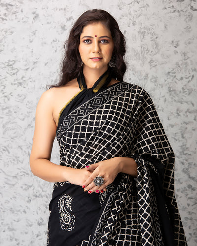 Eliza Handblock Mul-mul Saree with Blouse