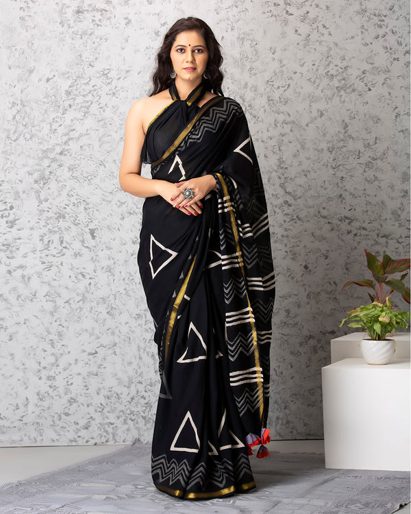 Elliana Handblock Mul-mul Saree with Blouse