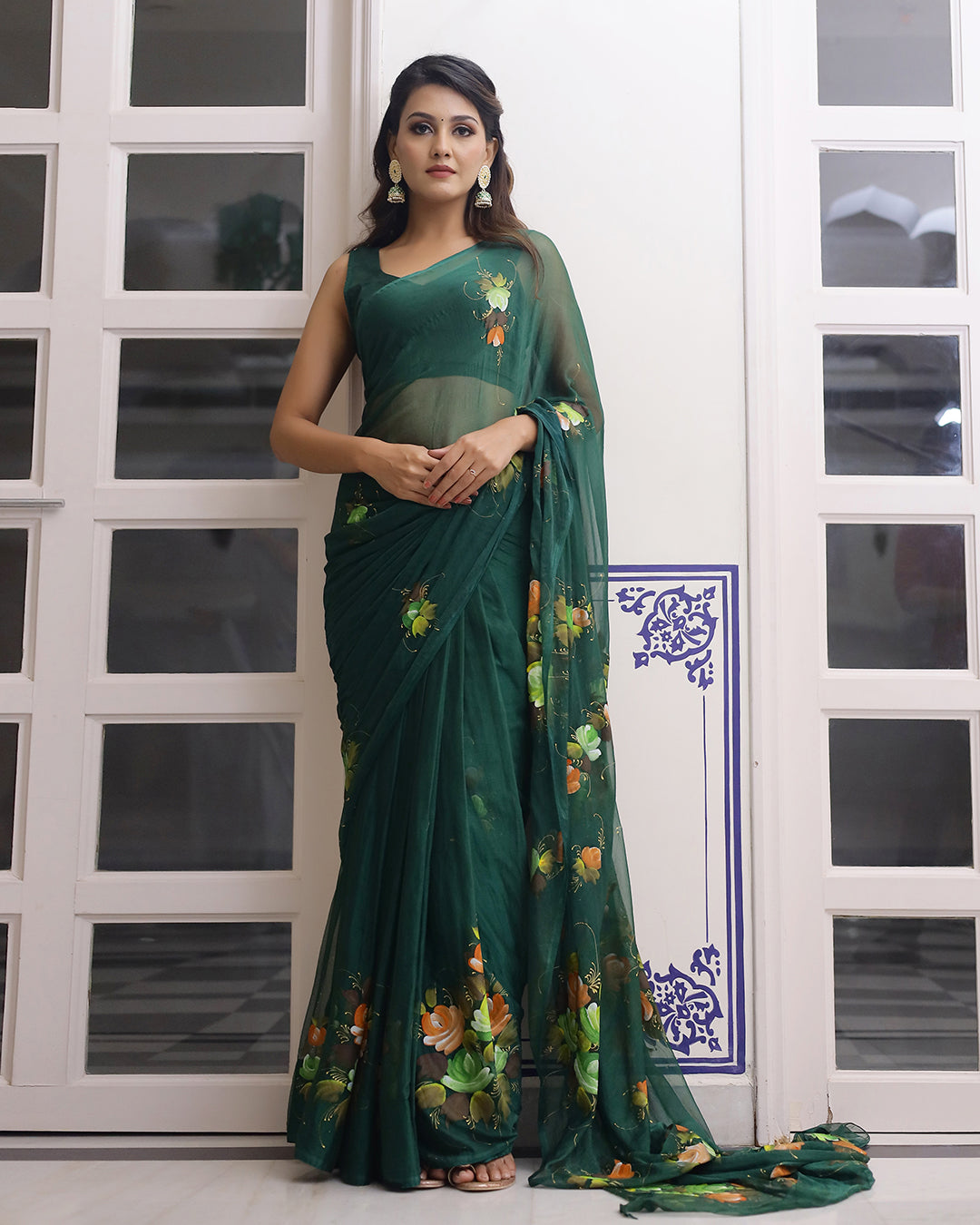 Freesia Handpainted Chiffon Saree with Blouse