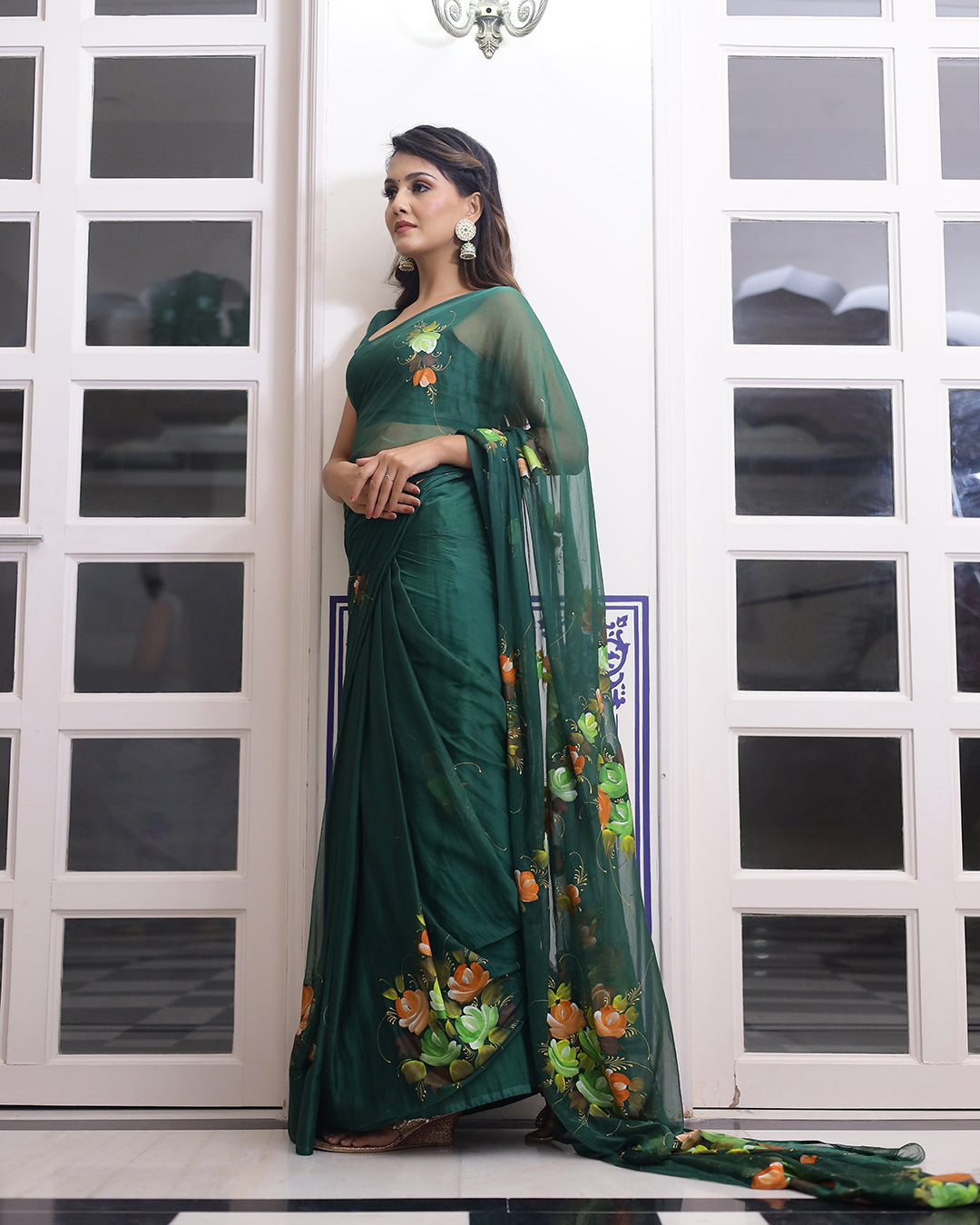 Freesia Handpainted Chiffon Saree with Blouse