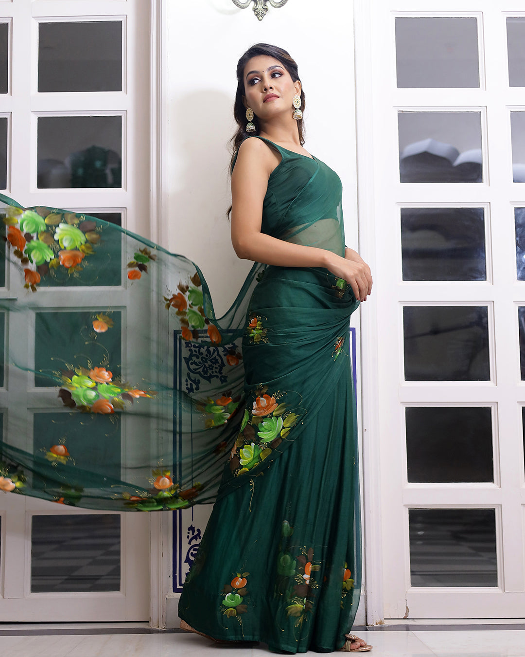 Freesia Handpainted Chiffon Saree with Blouse