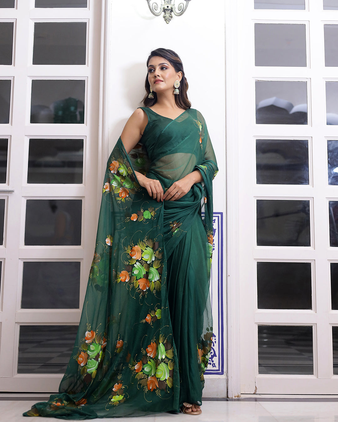 Freesia Handpainted Chiffon Saree with Blouse