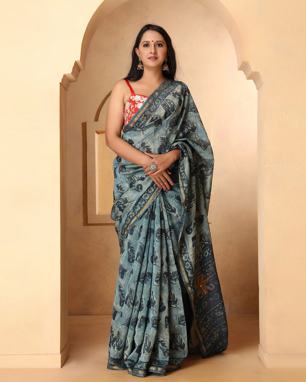 Honey Bagru Hand Block Printed Chanderi Saree with Blouse