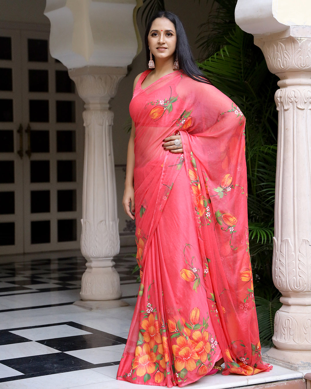 Iris Handpainted  Chiffon Saree with Blouse