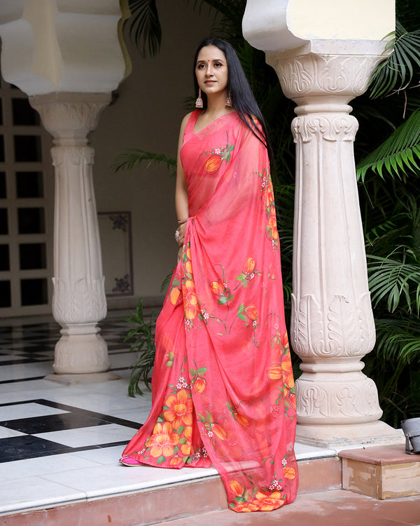 Iris Handpainted  Chiffon Saree with Blouse