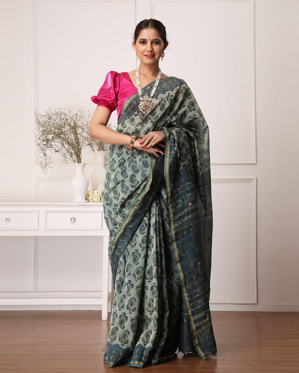 Jelly Bagru Hand Block Printed Chanderi Saree with Blouse