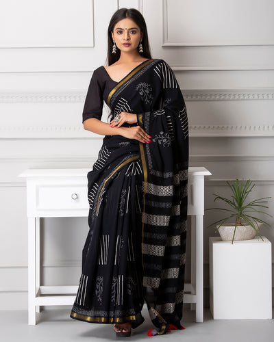 Kayla Handblock Mul-mul Saree with Blouse