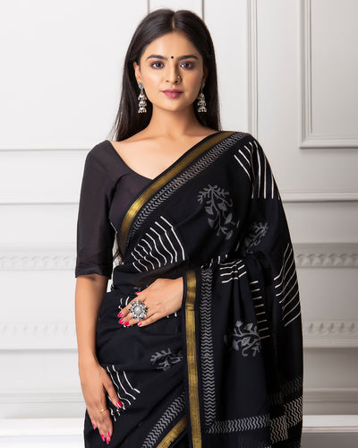 Kayla Handblock Mul-mul Saree with Blouse