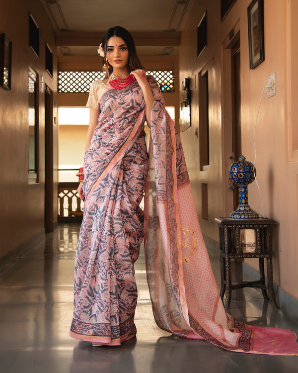 Kiki Chanderi Hand Block Printed Saree with Blouse