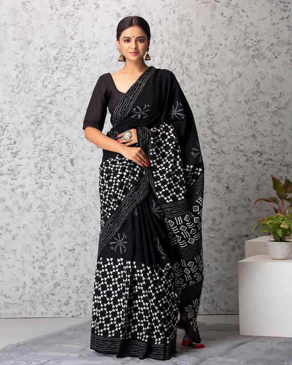 Layla Handblock Mul-mul Saree with Blouse