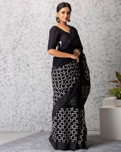 Layla Handblock Mul-mul Saree with Blouse