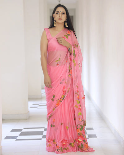 Lilac Handpainted  Chiffon Saree with Blouse