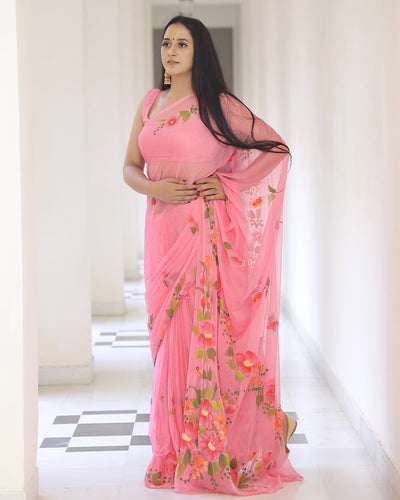 Lilac Handpainted  Chiffon Saree with Blouse