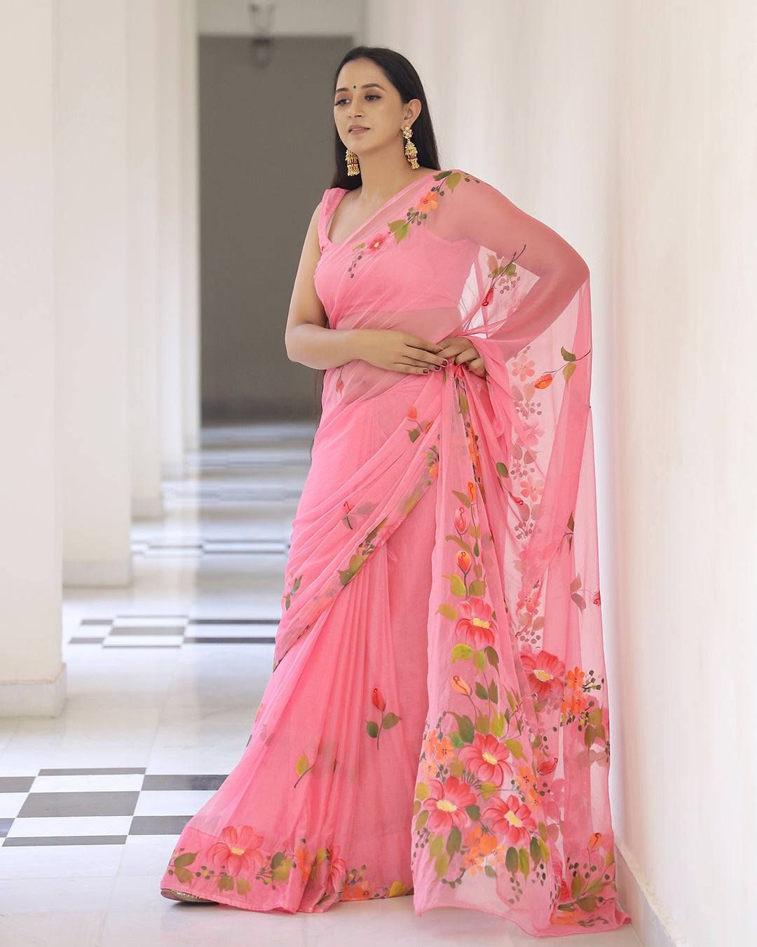 Lilac Handpainted  Chiffon Saree with Blouse