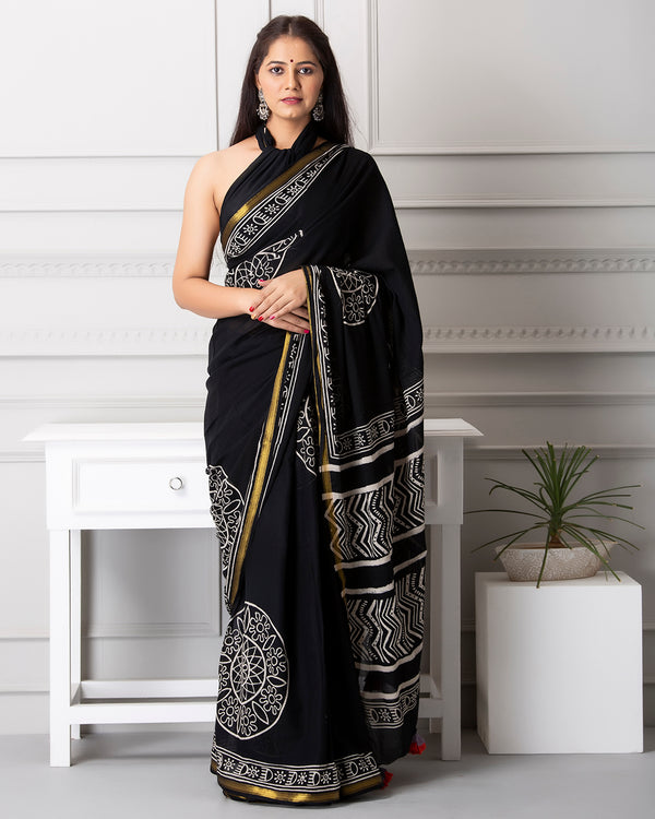 Lilly Handblock Mul-mul Saree with Blouse