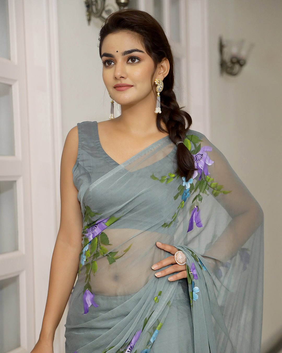 Lily Handpainted Chiffon Saree with Blouse