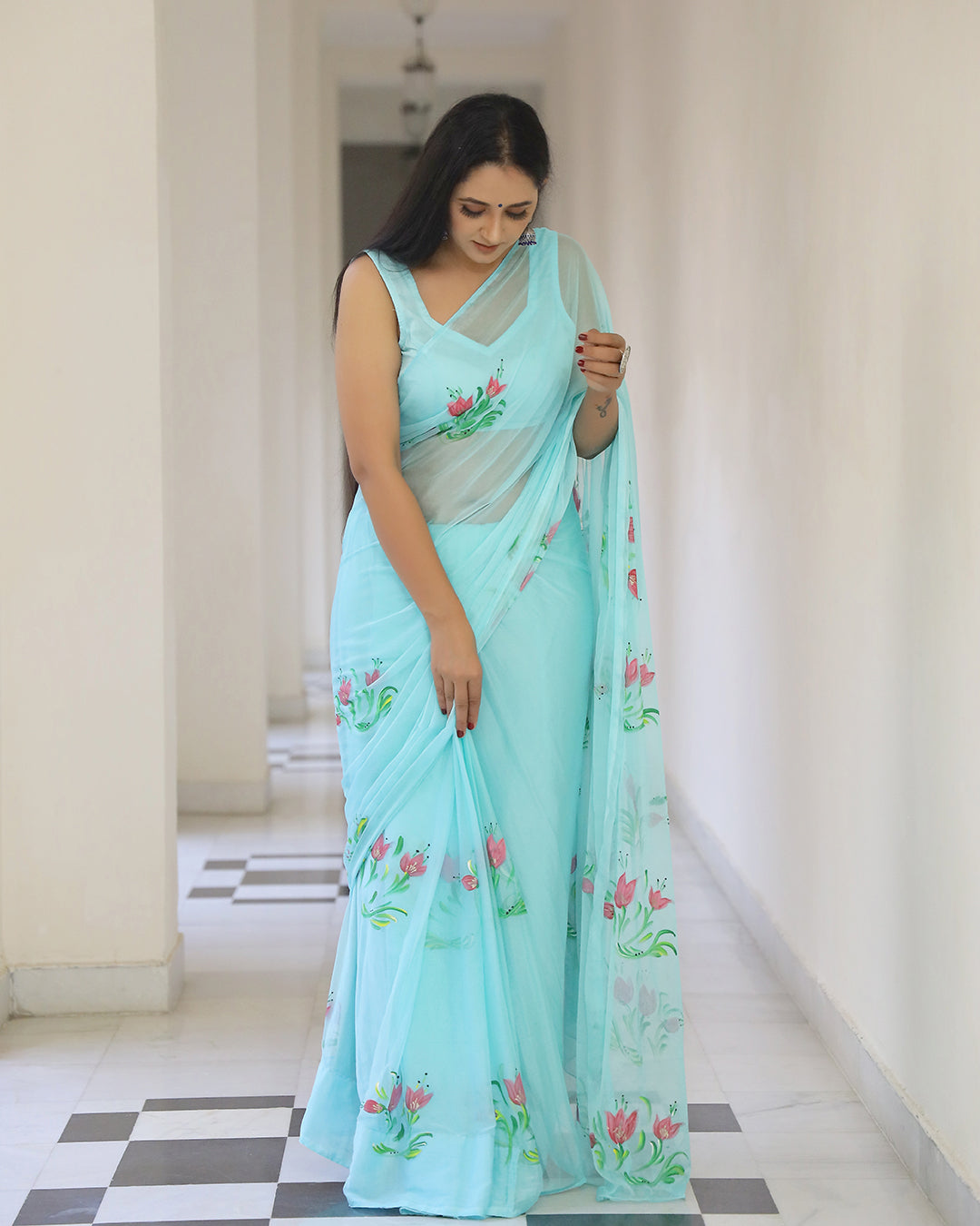 Marigold Handpainted Chiffon Saree with Blouse