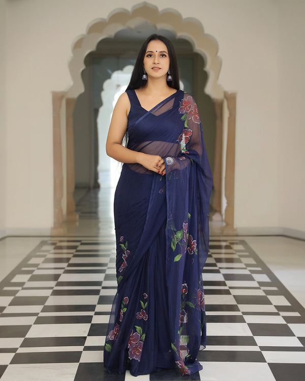 Mimosa Handpainted Chiffon Saree with Blouse