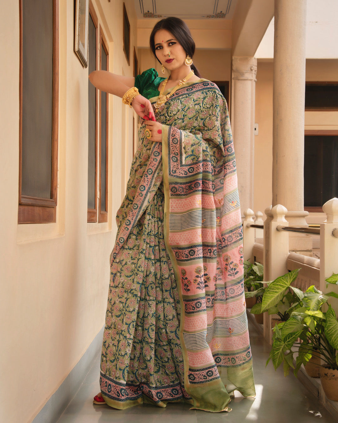 Moonpie Chanderi Hand Block Printed Saree with Blouse