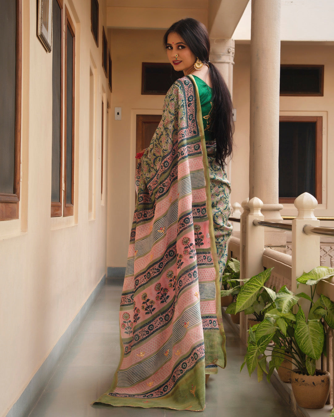 Moonpie Chanderi Hand Block Printed Saree with Blouse