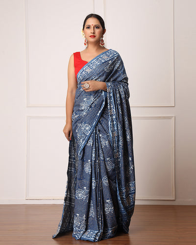 Nancy Indigo Dabu Print Cotton Saree with Blouse