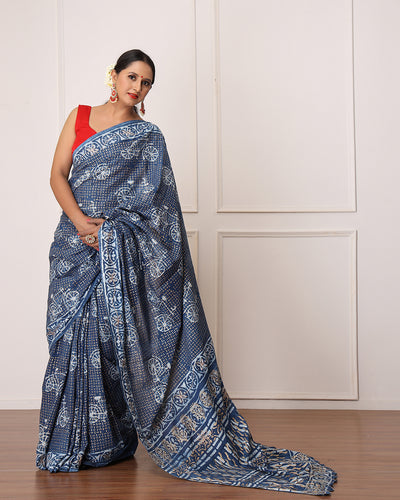 Nancy Indigo Dabu Print Cotton Saree with Blouse