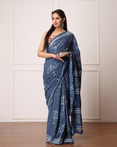 Nandi Indigo Dabu Print Cotton Saree with Blouse