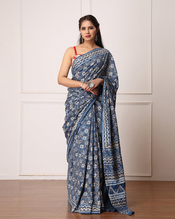 Natali Indigo Dabu Print Cotton Saree with Blouse