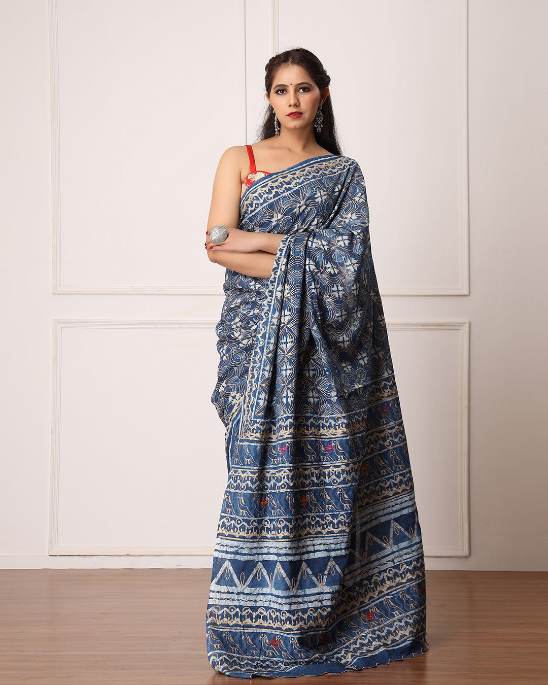 Natali Indigo Dabu Print Cotton Saree with Blouse