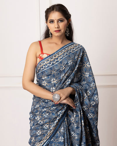 Natali Indigo Dabu Print Cotton Saree with Blouse