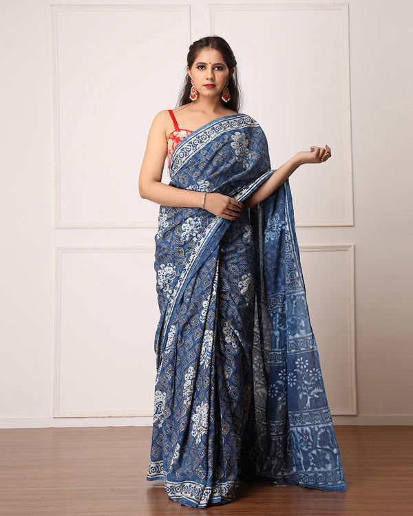 Nidhi Indigo Dabu Print Cotton Saree with Blouse