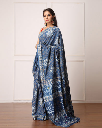 Nidhi Indigo Dabu Print Cotton Saree with Blouse