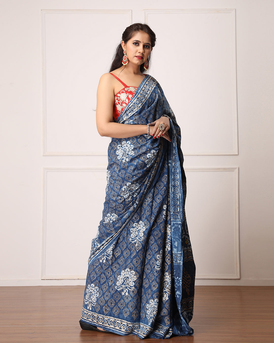 Nidhi Indigo Dabu Print Cotton Saree with Blouse