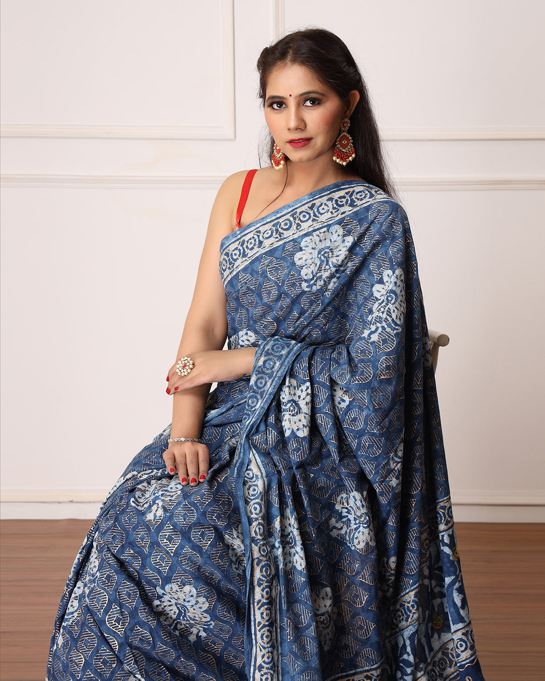 Nidhi Indigo Dabu Print Cotton Saree with Blouse