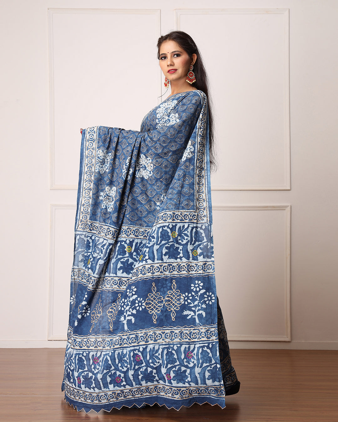 Nidhi Indigo Dabu Print Cotton Saree with Blouse