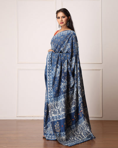 Nila Indigo Dabu Print Cotton Saree with Blouse